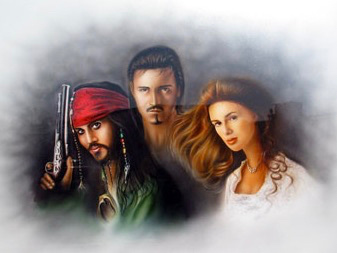 Ausschnitt eines Airbrush-Bildes, auf dem drei Personen von dem Film 'Fluch der Karibik' zu sehen sind