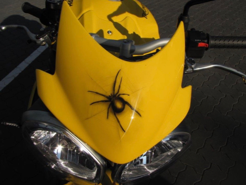 Draufsicht eines gelb-schwarzen Motorrads mit einer mit Airbrush aufgetragenen Spinne vorne auf dem Lenker