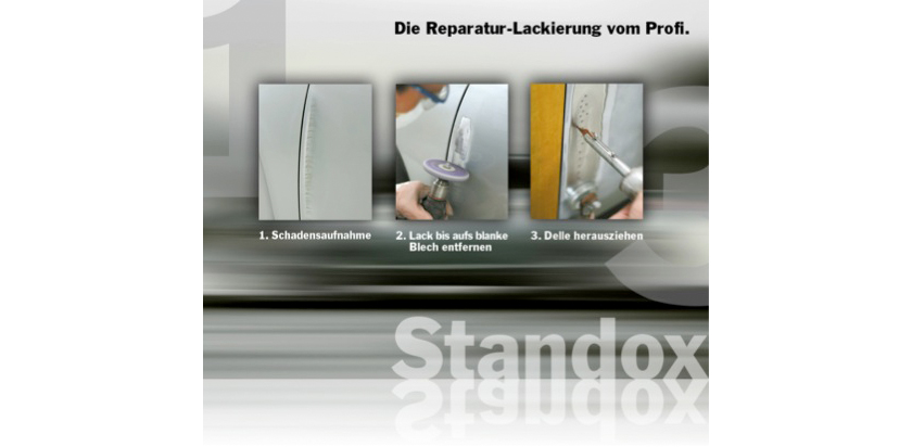 Arbeitsschritte 1. Schadensaufname, 2. Lack bis aufs bankle Blech entfernen, 3. Delle herausziehen