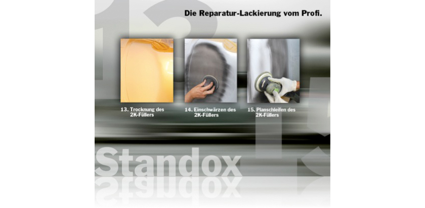 Arbeitsschritte 13. Trocknung des 2K-Füllers, 14. Einschwärzen des 2K-Füllers, 15. Planschleifen des 2K-Füllers