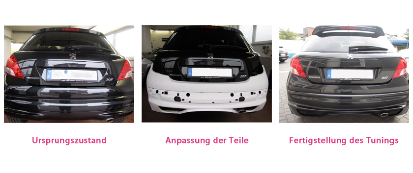 Eine Bilderreihe eines Heckschürze mit drei Arbeitsschritten: Ursprung, Anpassung und Fertigstellung