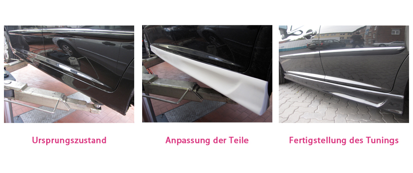 Eine Bilderreihe eines Seitenschwellers mit drei Arbeitsschritten: Ursprung, Anpassung und Fertigstellung